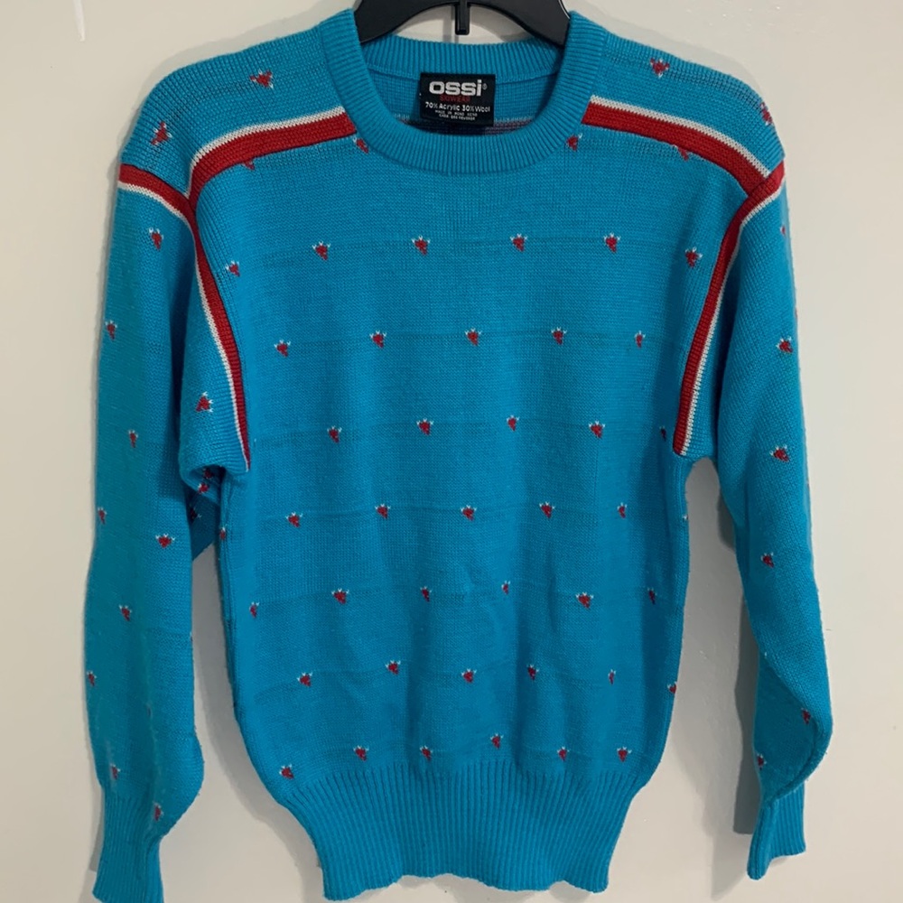 Vintage Ossi skiwear teal crewneck heart sweater size medium
